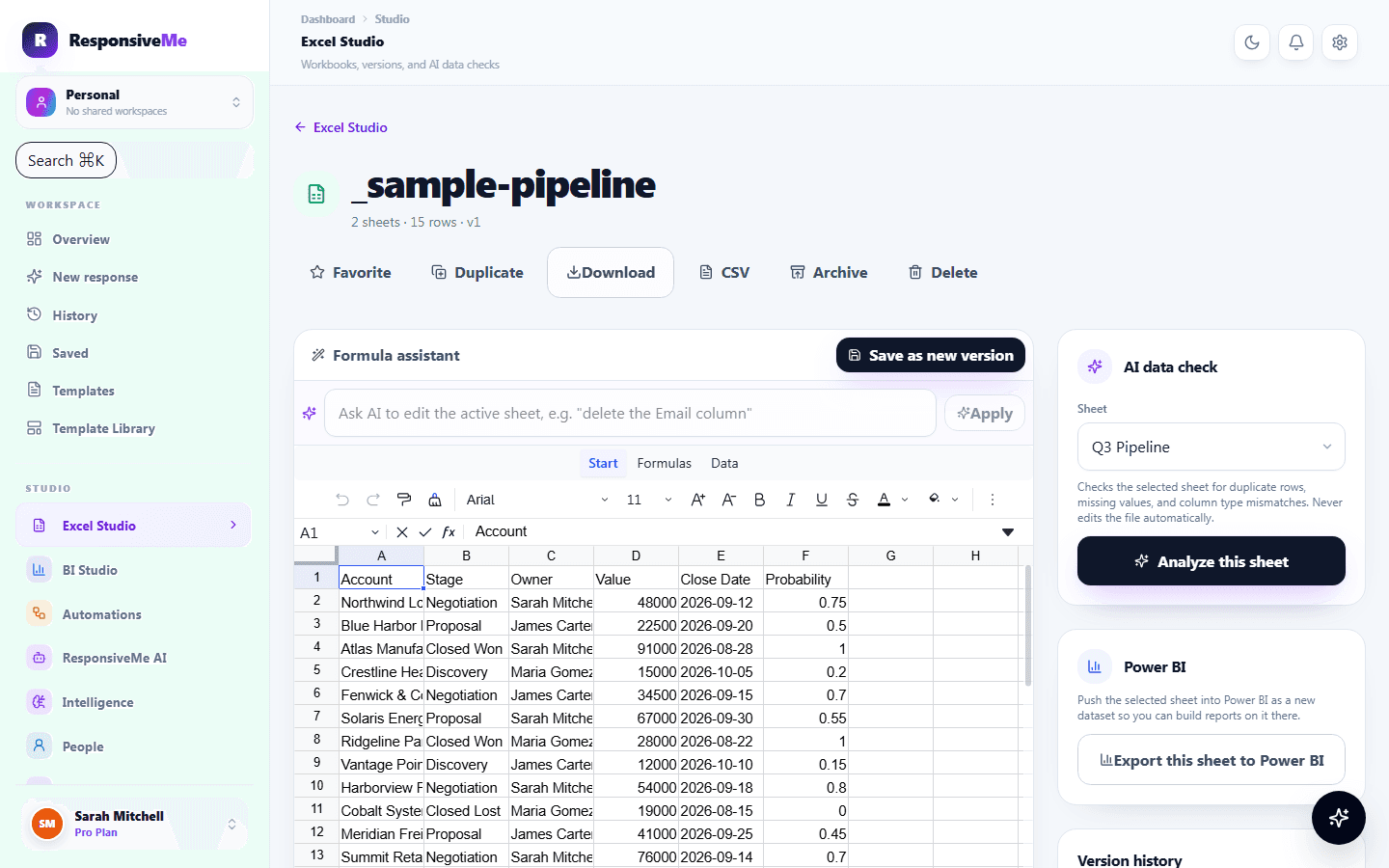 Excel Studio — actual product interface